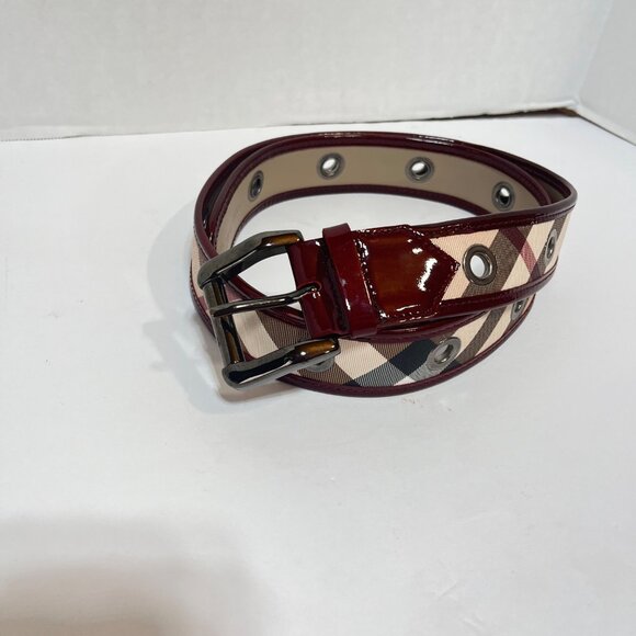 Burberry Women's Checkered Belt Size 40 Leather & Canvas Burgundy & Beige - Picture 2 of 7